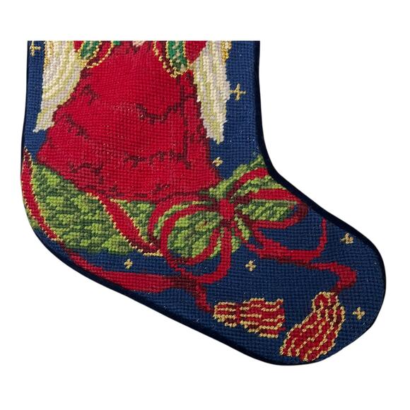 Vintage Wool Needlepoint Christmas Stocking Velvet Back Angel Peace Holiday - Picture 3 of 7